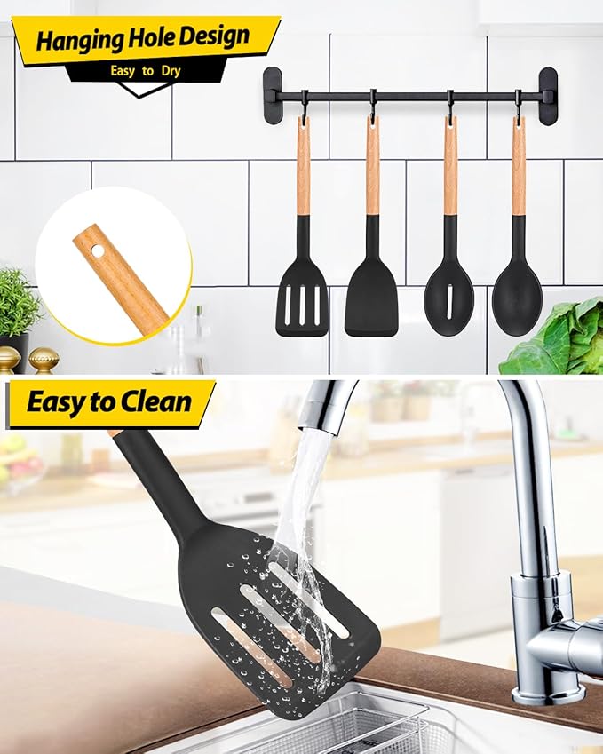 Pack of 4 Silicone Cooking Utensils Set Non Stick Solid Spatulas and Heat Resistant Slotted Spoons with Wooden Handle Ideal Wood Kitchen Utensils Set for FryingServingTurningStirring (BLACK)