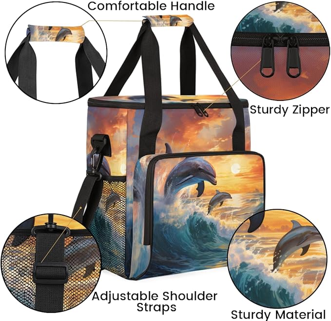 Cartoon Dolphin Coffee Maker Carrying Bag Sunset Dolphin Travel Storage Bag Compatible with K-Mini or K-Mini Plus Single Serve Coffee Brewer Carrying Case with Multiple Pockets &amp Shoulder Strap