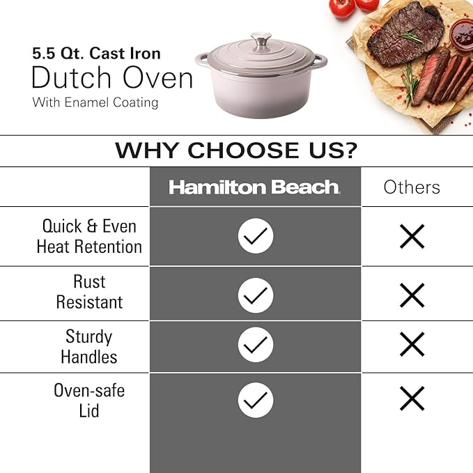 Hamilton Beach 5.5-Quart Enameled Cast Iron Dutch Oven with Lid | Heavy-Duty Pot for Braising Roasting &amp Baking | Gray