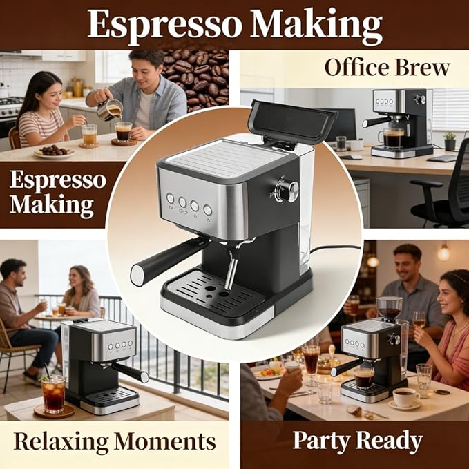 Semi Automatic Compact Coffee Machine 20 Bar Milk Frother Steam Wand 1.5L Water Tank - Quick Preheat Stylish Design Ideal for Home Cappuccino and Latte
