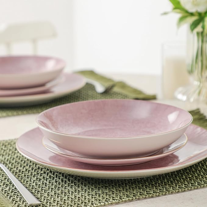 Christian Siriano Onyx 24-Piece Dinnerware Set Porcelain Plates and Bowls Set Hand Wash Dish Dish Set for 8 Pink and Gold