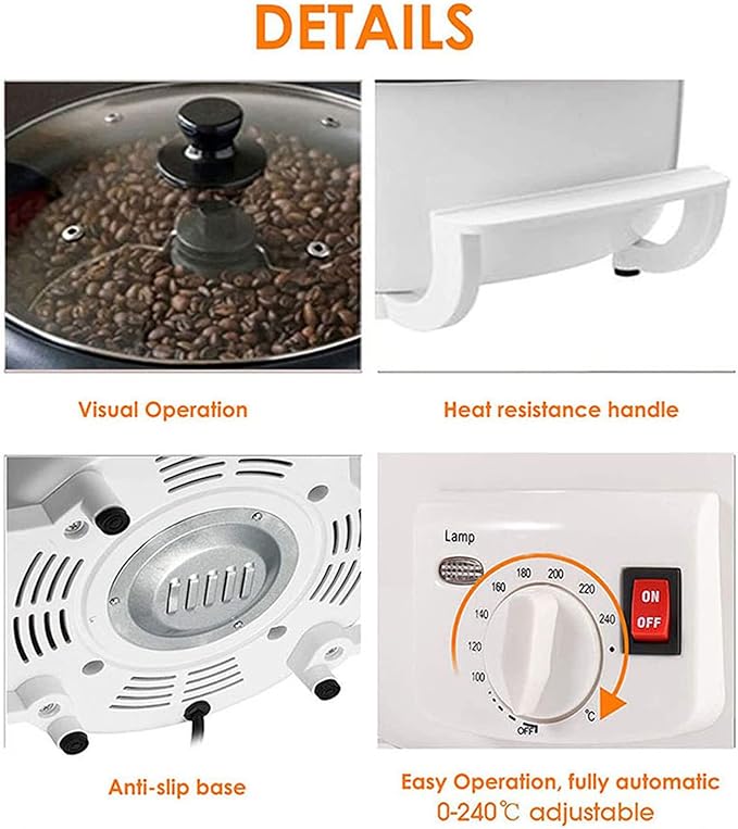 Electric Coffee Roaster Machine Household Coffee Bean Roaster Non-Stick Pot 0-240℃ Temperature Adjustment Grain Drying
