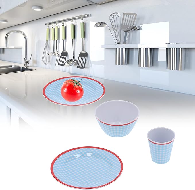 Blue Grid Dinnerware Set 12Pcs Household Tableware Melamine Cup Bowl Plate for Home Restaurant and Imitation Porcelain with Fall Scald