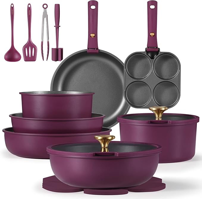 CAROTE 21pcs Pots and Pans Set Nonstick Cookware Set Detachable Handle Induction Kitchen Cookware Sets Non Stick with Removable Handle RV Cookware Set Gold and Purple