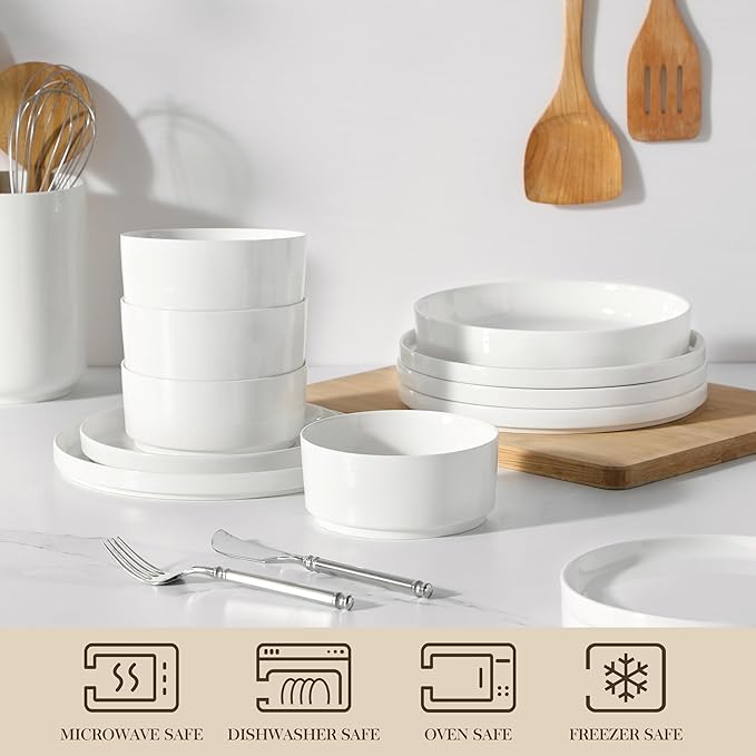 MALACASA 24 Pieces Porcelain Dinnerware Set Bundles 8.85 Large Pasta Bowls Set of 6