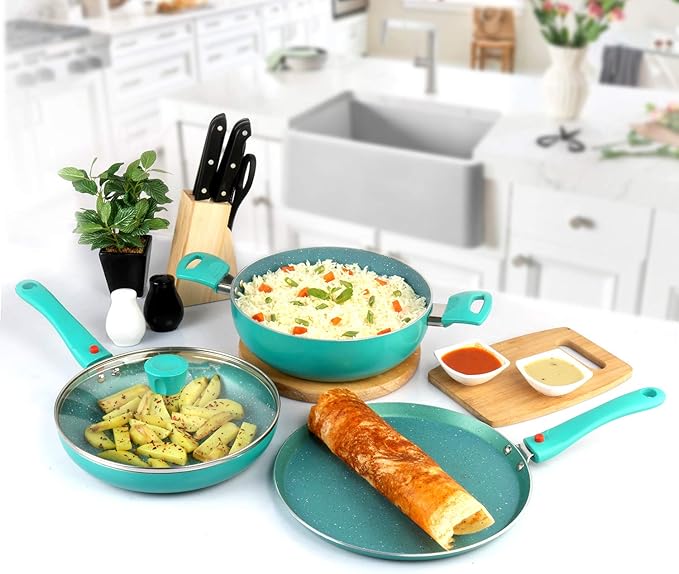 Cookwell Granite Induction Base Non-Stick Aluminium Cookware Set 3-Pieces Green