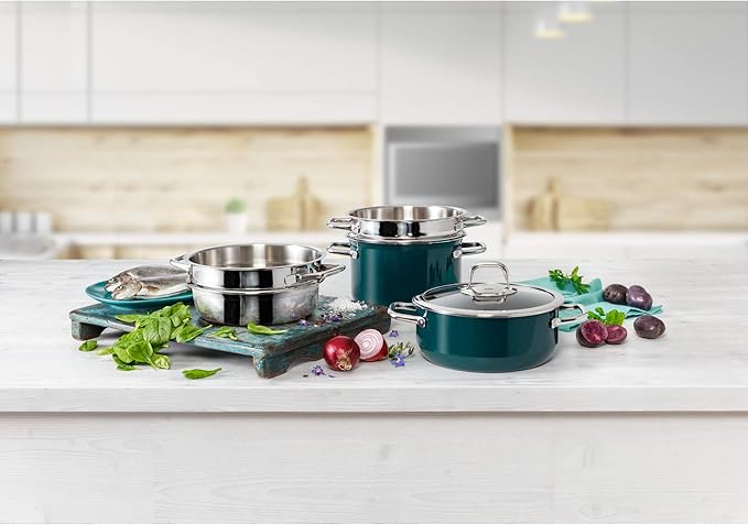 Silit Compact 4-Piece Induction Saucepan Set with Glass Lid Silargan Functional Ceramic Induction Pots Set Nickel-Free Petrol Blue