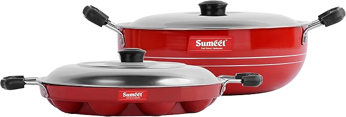 SUMEET 2.6mm Thick Non-Stick Aluminium Red Get Ready Cookware Set (Kadhai with Lid 1.5Ltr Capacity- 20cm Dia and Grill Appam Patra with Lid 23cm Dia)