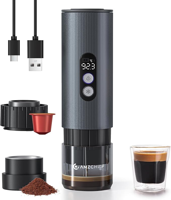 AMZCHEF Portable Coffee Maker Rechargeable w/ 9000mAh Battery 2-in-1 Travel Espresso Maker for Ground/NS Capsules Car Espresso Machine Self-Heating for Camping RV Hiking Office Aluminum