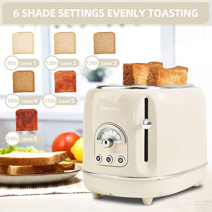 Retro Stainless Steel Toaster - 2 Slice Extra-Wide Slot 6 Adjustable Settings Removable Crumb Tray Defrost Cancel Reheat (Cream)