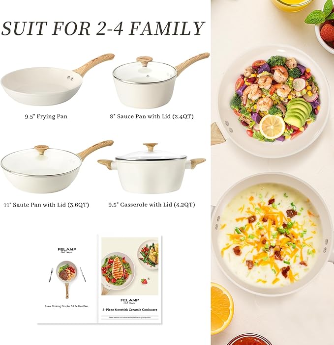 FELAMP Healthy Ceramic Nonstick Cookware Set 7-Piece PFOA/PFOS/Toxin-Free Pots &amp Pans Set for Induction &amp All Stovetops Dishwasher Safe with Glass LidsGift for New Home &amp Chefs
