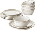 LE TAUCI Dinnerware Sets for 4 12 Piece Ceramic Dish Set with Plates and Bowls | Oven/Dishwasher/Microwave Safe | Ideal for Housewarming | Reactive Beige (10 Plate+8 Dish+27oz Bowl)
