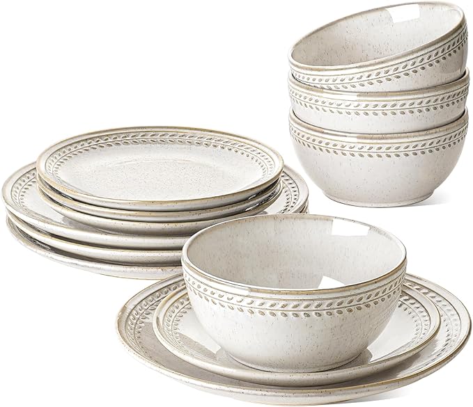 LE TAUCI Dinnerware Sets for 4 12 Piece Ceramic Dish Set with Plates and Bowls | Oven/Dishwasher/Microwave Safe | Ideal for Housewarming | Reactive Beige (10 Plate+8 Dish+27oz Bowl)
