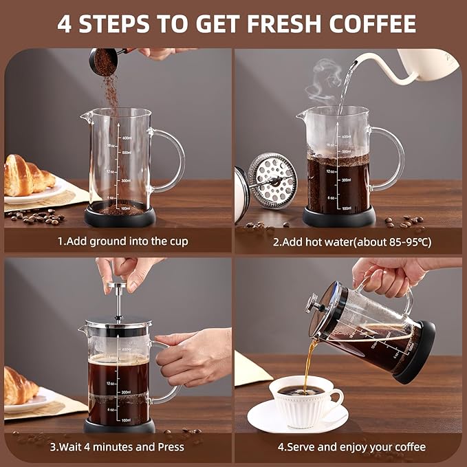 Bincoo French Press Coffee Maker 600ML - Single Layer Borolicate Glass Travel Coffee PressTea and Frothed Milk Press Easy to Use