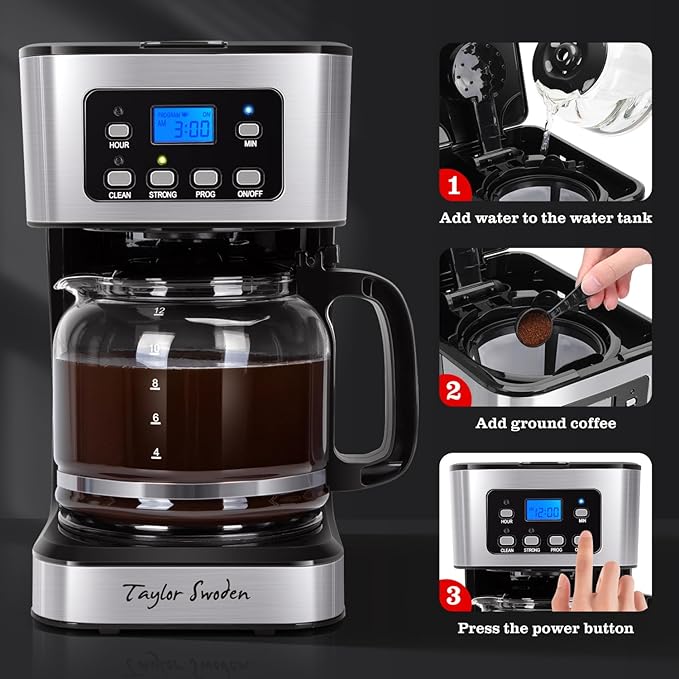 Taylor Swoden 12-Cup Programmable Coffee Maker Regular &amp Strong Brew Drip Coffee Machine for Home and Office Glass Carafe Pause &amp Serve Auto Shut Off Black &amp Stainless Steel