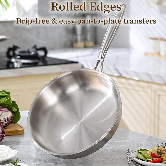 DELARLO Tri-Ply Stainless Steel Pan 18/10 Frying Pan Oven Safe Up to 600°F Nontoxic Cookware Compatible with All Cooktops Skillet Durable Fast Even Heat Fry Pan10+12 inch Pan