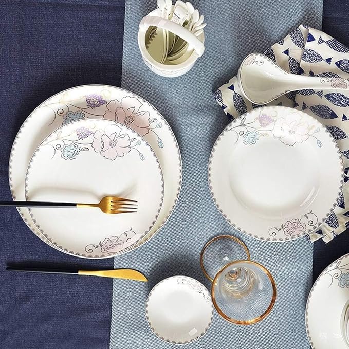 Dinnerware Set Dinner Set Plates and Bowls Set Bowl/Dish/Soup Pot/Spoon|Bone China Dinner SetsPurple Flower Pattern Porcelain Combination Set(
