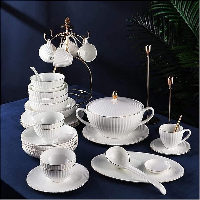 Dinnerware Set Gold-Plated 62-Piece Place Setting Kitchen Dish Set Includes Dinner Plates/Salad Bowl/Spoon Luxury Bone China Tableware