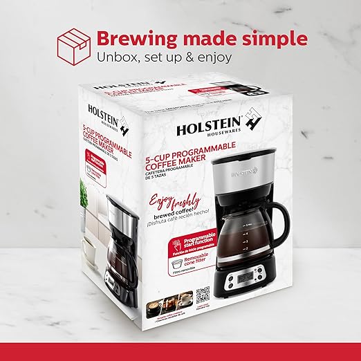 Holstein Housewares 5-Cup Programmable Coffee Maker 25oz Drip Coffee Machine with Auto Brew Timer Pause &amp Serve Compact Design – Perfect for Home Office &amp Dorm Use Black