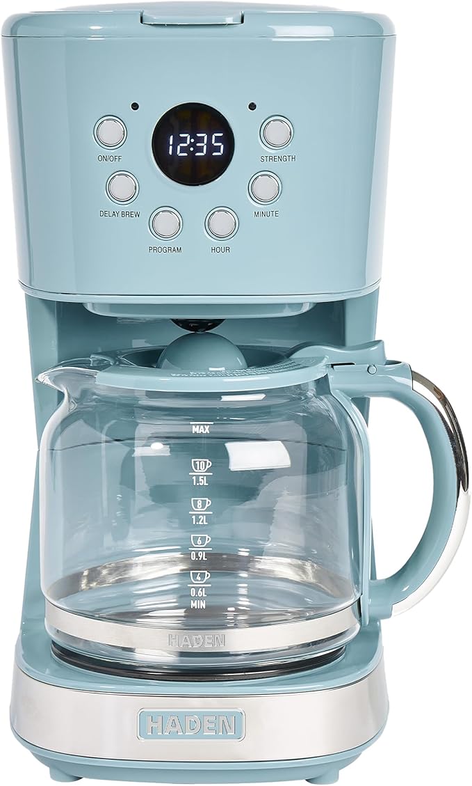 Haden Brighton Coffee Machine 12 Cup Programmable Drip Coffee Maker with Auto Shut-Off Function and Reusable Washable Water Filter Sky Blue &amp Chrome