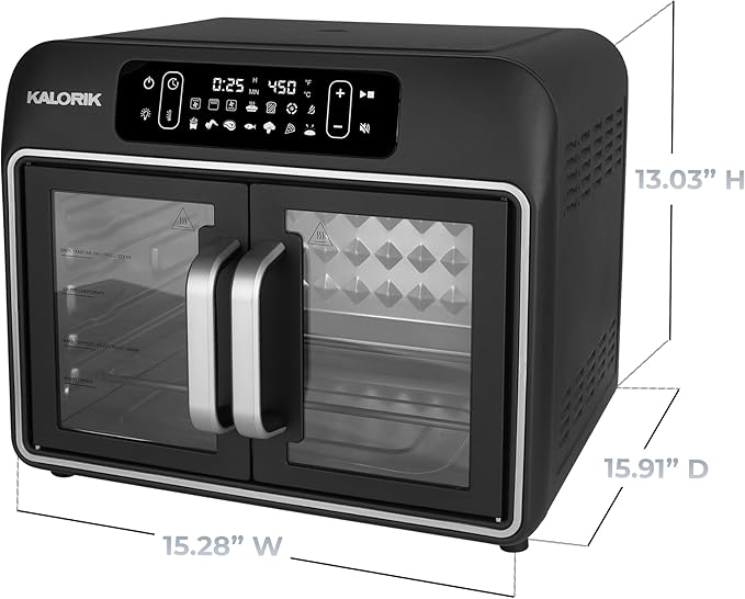 Kalorik Air Fryer Convection Oven Designer Series 26-Quart with Dual Speed Fan Easy Pull French Doors and 14 Smart Cooking Presets Includes 5 Cooking Accessories 1700-Watts Black
