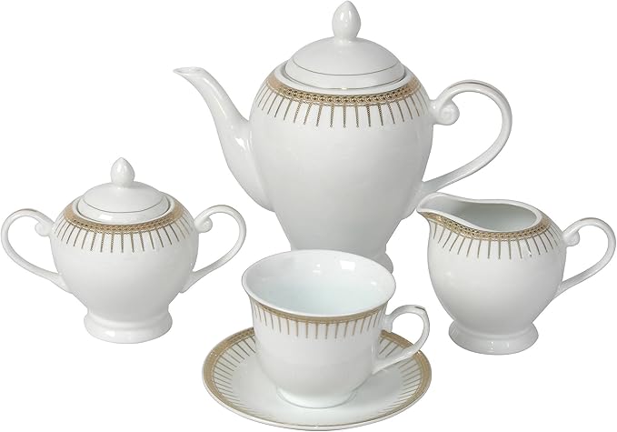 Lorren Home Trends 57-Piece Porcelain Dinnerware Set with Rain Drop Border Service for 8 Gold