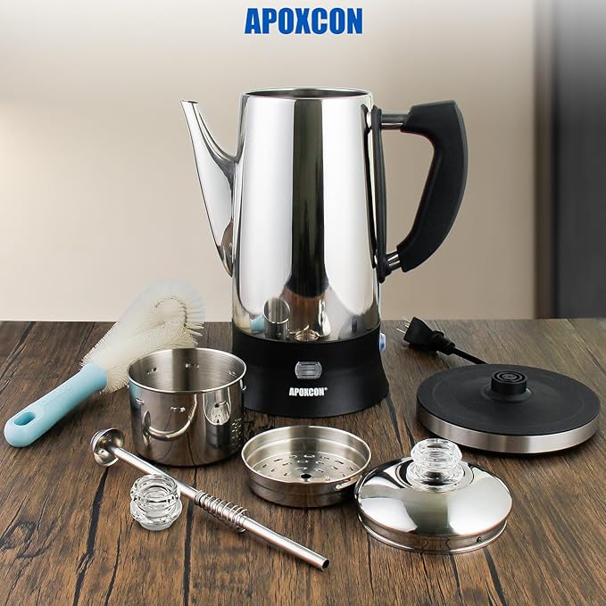 Electric Coffee Percolator Stainless Steel Coffee Maker with Clear Brew Progress Tough Glass Knob and On/OFF Switch Classic Coffee Pot with Keep Warm &amp Cordless Serve No Aluminum (12 Cup)
