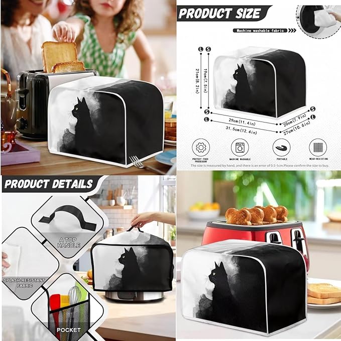 Ink Painting Black Cat Toaster Covers 4 Slice Wide Slot3Pcs Set Christmas Bread Machine Cover Slow Cookers Cover Blender Covers with Top Handle and Accessories Pocket Counter Decor