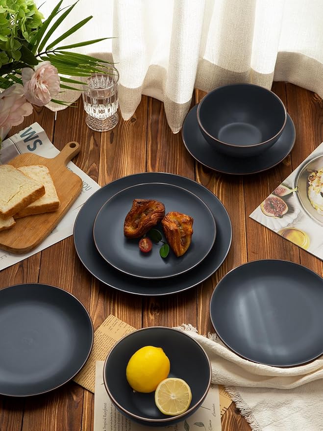 Famiware Venus Plates and Bowls Sets with Coffee Mugs Set 18 Pieces Stoneware Dinnerware Sets Charcoal