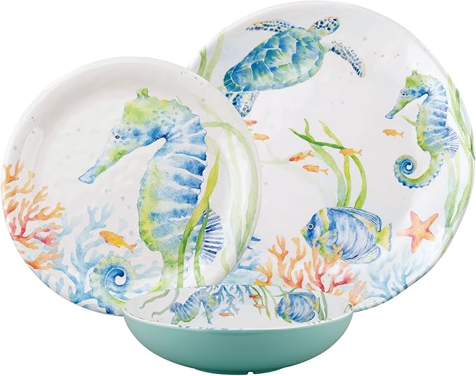 UPware 12 Piece Sea Life Serenade Melamine Dinnerware Sets Outdoor Dishes Set Plates and Bowls Sets Service for 4 Blue