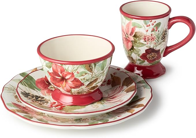 Winter Blooms 16-Piece Romantic Holiday Dinnerware Set – Elegant Floral Plates Mugs &amp Bowls for 4 – Dishwasher &amp Microwave Safe Christmas Tableware with Poinsettia Charm