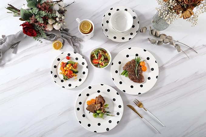 Modern Porcelain 16-Piece Dinnerware Set Plates and Bowls Set for 4 Black Polka Dot DinnerwareDishwasher &amp Microwave Safe Ceramic Dish Set for Home Dining Gifts