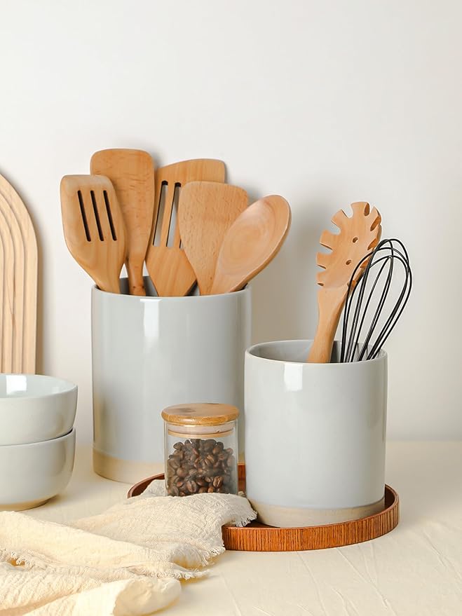 Famiware Milkyway Plates and Bowls Set of 12 and Kitchen Utensil Holder for Countertop Set of 2 14 Pieces Dinnerware Sets Light Gray