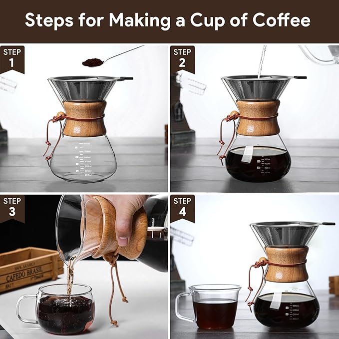 Wood Neck Pour Over Coffee Maker with Stainless Steel Filter 800ml(27oz) Glass Coffee Pot Drip Coffee Brewer for Home Cafe Camping Gift - Permanent Reusable Filter No Paper Needed(800ml)