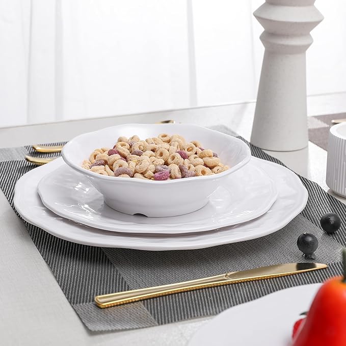White Melamine Dinnerware Set 18 Pcs Lightweight and Unbreakable Outdoor Plates and Bowls Sets Camping Melamine Dishes Set for 6 Chip Resistant Kitchen Plates for Indoor and Outdoor Use