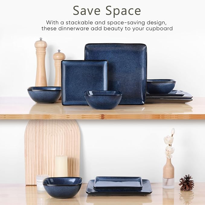 Herogo 12 Pieces Square Stoneware Dinnerware Set Service for 4 Dinner Plates and Bowls Sets Double Reactive Glaze Dishes Set for Kitchen Scratch Resistant Dishwasher Safe Starry Blue