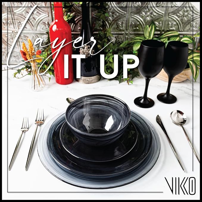 Vikko Charger Plates Set of 4 Black Alabaster Dinner Plates 13 Plate with Marbelized Swirl Design Elegant Glass Charger Dishwasher Safe