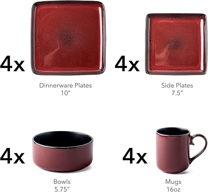 FLACKAR Square Stoneware 16pc Dinnerware Set for 4 Dinner Plates Side Plates Cereal Bowls Mugs - Reactive Glaze Red (485450)