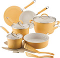 Rachael Ray Cucina Ceramic Cookware Set - 13 Pieces - Ceramic Pots and Pans Set w/Nonstick Frying Pans Saute Pan Saucepans Stockpot Lids Pan Protectors &amp Cooking Utensils - Turmeric