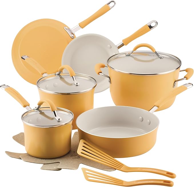 Rachael Ray Cucina Ceramic Cookware Set - 13 Pieces - Ceramic Pots and Pans Set w/Nonstick Frying Pans Saute Pan Saucepans Stockpot Lids Pan Protectors &amp Cooking Utensils - Turmeric