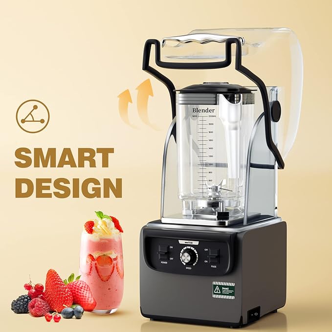 Wantjoin Commercial Quiet Blender for Kitchen Smoothie Protein Shake Licuadora Countertop Professional Electric Food Machine for Puree Milkshake Juice Drink and Ice with Silent Cover 2200ml 1800W