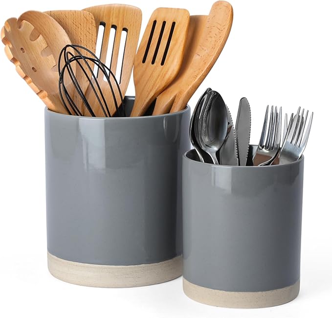 Famiware Mars Plates and Bowls Set of 12 and Milkyway Kitchen Utensil Holder for Countertop Set of 2 14 Pieces Dinnerware Sets Dark Gray