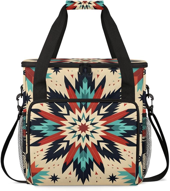 Traditional Aztec Coffee Maker Carrying Bag Geometry Flower Travel Storage Bag Compatible with K-Mini or K-Mini Plus Single Serve Coffee Brewer Carrying Case with Multiple Pockets &amp Shoulder Str
