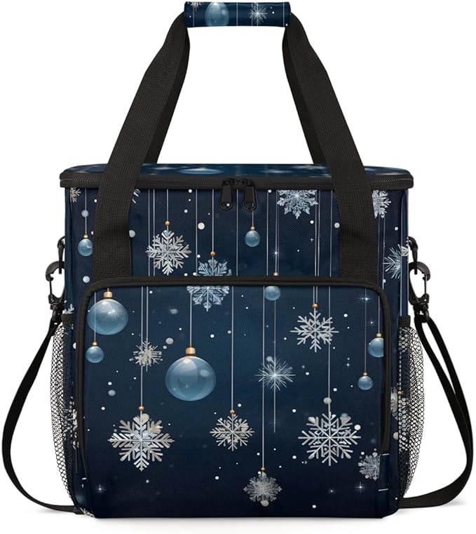 Christmas Snowflakes Coffee Maker Carrying Bag Xmas Snowflakes Travel Storage Bag Compatible with K-Mini or K-Mini Plus Single Serve Coffee Brewer Carrying Case with Pockets &amp Shoulder Strap