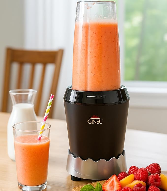 GINSU 7 pcs Personal Blender 1000W with Stainless Steel Blades 10 18 &amp 24oz BPA Free Travel Cups Black