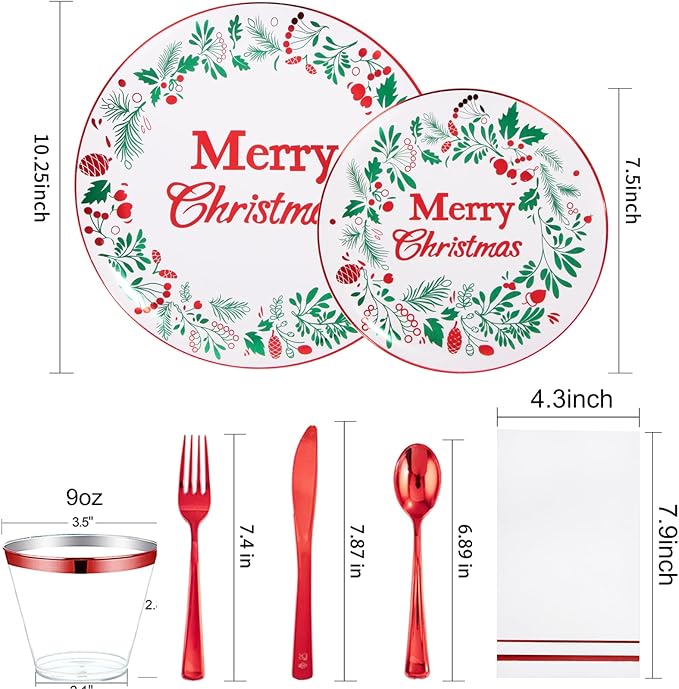 bUCLA 175PCS Christmas Plates Dinnerware Set - Green and Red Christmas Plastic Plates and Napkins Disposable Include 25 Dinner Plates25 Dessert Plates75 Cutlery25 Cups&amp25 Napkins