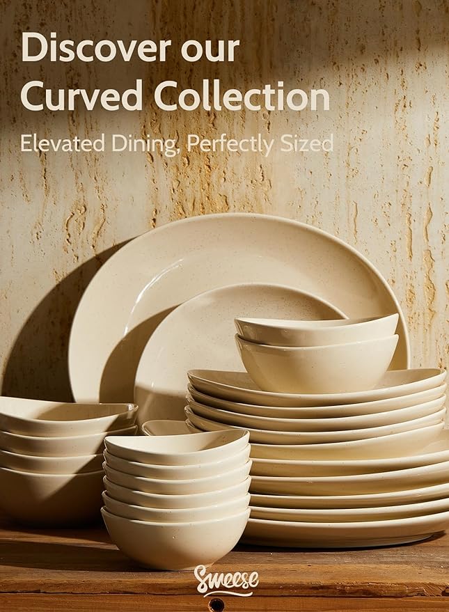 Sweese 11 Inch Porcelain Dinner Plates Set of 6 - Beige Vitrified China Curve Collection Dishwasher Microwave Safe