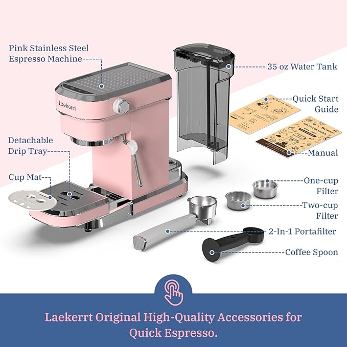 Laekerrt Professional Espresso Machine 20 Bar Espresso Maker with Milk Frother Steam Wand Stainless Steel Home Coffee Machines for Cappuccino and Latte Gift for Women Wife Daughter or Mom Pink