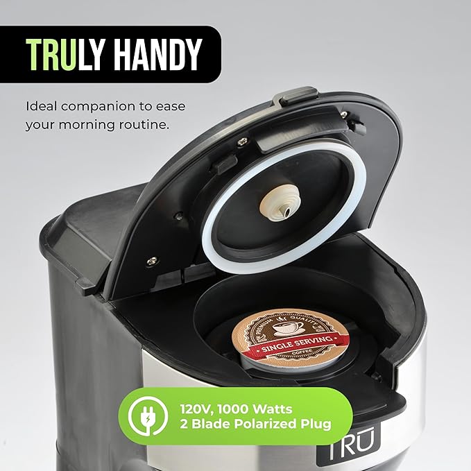 Tru Single Serve Brew System by Select Brands - Single Cup Coffee Maker Using Coffee Capsules or Grounds - Features Removable Drip Tray &amp One-Touch Controls - 14 Fluid Ounces