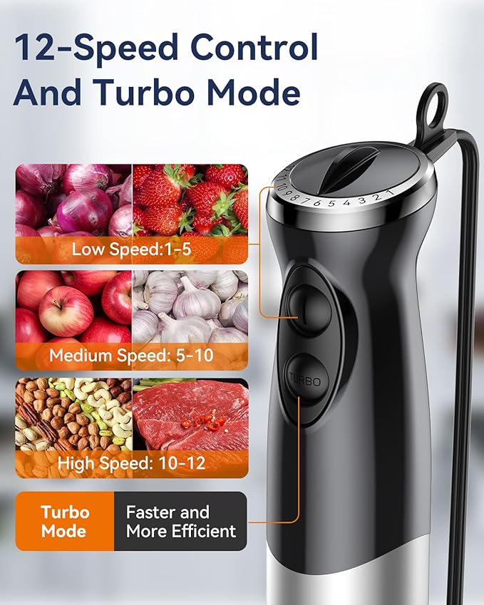 Immersion Blender Handheld 1000W 5 in 1 Corded Stick Hand Blender Kitchen with 12 Speed BPA-Free Mixing Beaker Chopper Whisk Milk Frother Perfect Emulsifier for Soup Baby Food Sauce Puree